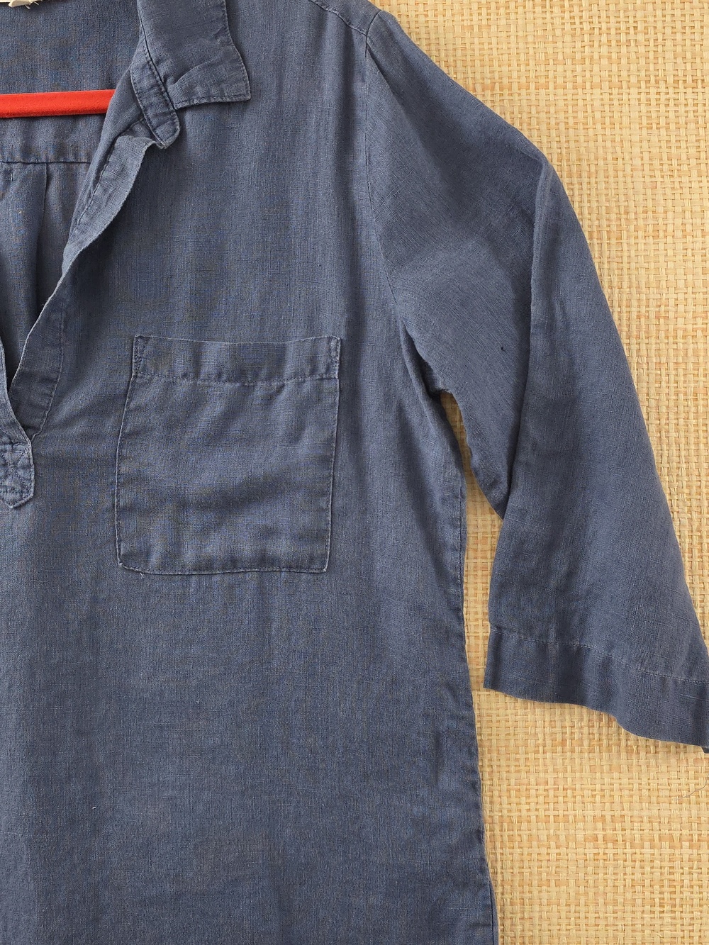 Side Stitch Blue Linen Popover Blouse XL Roll Tab Sleeve Lightweight Top - Picture 4 of 12
